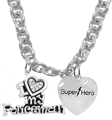 I Love My Policeman, He Is A, Super Hero, Adjustable Necklace, Hypoallergenic, Safe-No Nickel, Lead,or Cadmimum