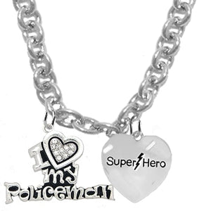 I Love My Policeman, He Is A, Super Hero, Adjustable Necklace, Hypoallergenic, Safe-No Nickel, Lead,or Cadmimum