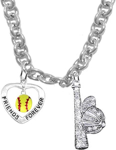 Softball Friends Forever, Crystal Hat and Bat, Sterling Silver, Solid .925 Sterling, Not Plated Or Coated,18 Inch Necklace.Charm,Nickel,Lead Free.Fast