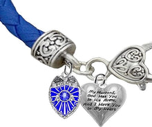 Policeman, My Husband, God Has You In His Arms, And I Have You In My Heart, Blue Leather Bracelet, Hypoallergenic, Safe-No Nickel, Lead,or Cadmimum