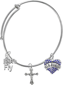 Air Force, I Love to Fly, Genuine Crystal, Crucifix, Adjustable Miracle Wire Bracelet, Hypoallergenic, Safe-Nickel, Lead Free