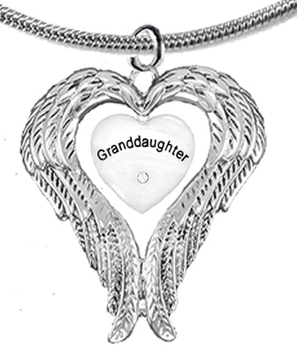 Guardian Angel, Heart (Love) Shaped Wings, Granddaughter Crystal Necklace, Adjustable, Hypoallergenic, Safe-Nickel, Lead, Free
