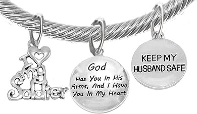 Army, My Husband, God Has You in His Arms and I Have You in My Heart, Adjustable, Hypoallergenic Safe, No Nickel, Lead, Or Poisonous Cadmium in Bracelet