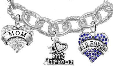Air Force Mom, Crystal I Love My Airman, Licensed Air Force Charm, Heart Clasp Cable Chain Bracelet, Hypoallergenic, Safe-Nickel, Lead, Cadmium Free