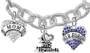 Air Force Mom, Crystal I Love My Airman, Licensed Air Force Charm, Heart Clasp Cable Chain Bracelet, Hypoallergenic, Safe-Nickel, Lead, Cadmium Free