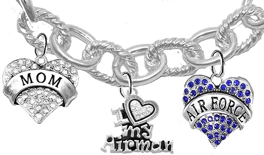 Air Force Mom, Crystal I Love My Airman, Licensed Air Force Charm, Heart Clasp Cable Chain Bracelet, Hypoallergenic, Safe-Nickel, Lead, Cadmium Free