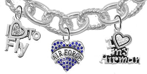 Air Force, Crystal I Love My Airman, I Love to Fly, Licensed Air Force Charm, Heart Clasp Cable Chain Bracelet, Hypoallergenic, Safe-Nickel, Lead, Cadmium Free