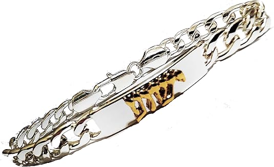 Messianic Christian 14Kt Gold Tone Yeshua In Hebrew On A Silver Tone ID Plate And Silver Tone Miami Curb Chain Bracelet. The Detail Of This Large Safe Strong Lobster Claw Clasp Is Impressive ©2023