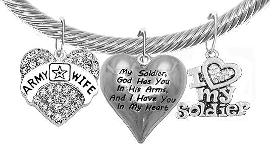 Army Wife, My Soldier, God Has You in His Arms and I Have You in My Heart, Adjustable Bracelet, Hypoallergenic Safe, No Nickel, Lead, Or Poisonous Cadmium.