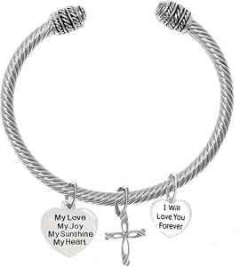 My Love, My Joy, My Sunshine, My Heart, and I Will Love You Forever, and A Contemporary Cross Charm, Adjustable Bracelet Nickle, Lead, Cadmium Free