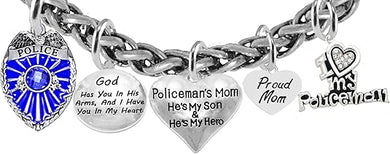 Policeman's Mom, God Has You in His Arms, and I Have You in My Heart, He's My Son, He's My Hero, Proud Mom, Wheat Chain Bracelet, Hypoallergenic, Safe-No Nickel or Lead