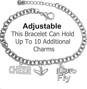 Cheer, Genuine Crystal, Cheerleader, I Love To Fly, Adjustable, Hypoallergenic Genuine Crystal Charm Bracelet, Nickel, Lead, And Cadmium Free