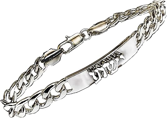 Messianic Christian Silver Tone Yeshua In Hebrew On A Silver Tone ID Plate And Silver Tone Miami Curb Chain Bracelet. The Detail Of This Large Safe Strong Lobster Claw Clasp 1970B12
