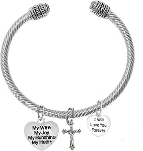 My Wife, My Joy, My Sunshine, My Heart, And I Will Love You Forever, And A Crucifix, Adjustable Bracelet Nickle, Lead, Cadmium Free