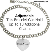 Super Hero Heart Charm On A Rolo Chain Adjustable Bracelet, Hypoallergenic Safe- No Nickel. Lead, Or Poisonous Cadmium