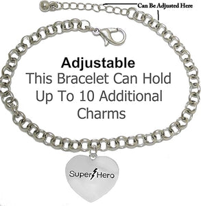 Super Hero Heart Charm On A Rolo Chain Adjustable Bracelet, Hypoallergenic Safe- No Nickel. Lead, Or Poisonous Cadmium