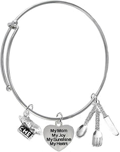 Cooking Jewelry, My Mom, My Joy, My Sunshine, My Heart, Chef Hat, Silverware, Adjustable Bracelet, Hypoallergenic, Safe-Nickel, Lead, Cadmium Free