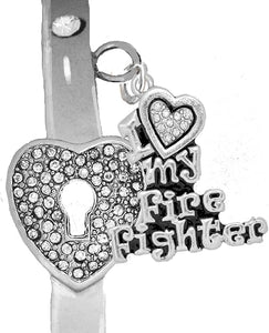 It Really Locks!, Firefighter, I Love My Firefighter, The Key to My Heart Cuff Crystal Bracelet, Hypoallergenic, Safe-Nickel, Lead, Free