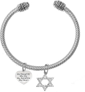 Jewish, " My Daughter, My Joy, My Sunshine, My Heart, On A Heart ", And A Crystal Star Of David, Silvertone Bracelet With Crystal Ends, Hypoallergenic, Safe-Nickel, Lead, And Cadmium Free