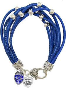 Policeman's Badge. My Wife, My Joy, My Sunshine, My Heart, Charm On A Blue Leather Bracelet, Hypoallergenic, Safe-No Nickel, Lead,or Cadmimum