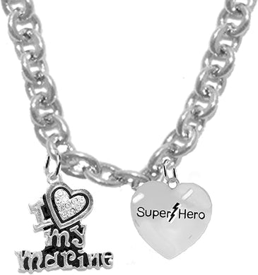 I Love My Marine, Super Hero, STERLING SILVER Solid .925 Sterling, Not Plated Or Coated.18 Inch Necklace.Charm Nickel, Lead, Cadmium Free