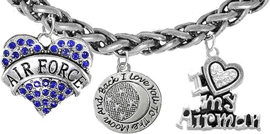 Air Force, I Love You to The Moon and Back, I Love My Airman, Adjustable Bracelet, Hypoallergenic, Safe-Nickel, Lead, Cadmium Free