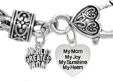 Mom, Worlds Greatest Mom,.My Mom, My Joy, My Sunshine, My Heart, Bracelet, Hypoallergenic, Safe-Nickel, Lead, Free