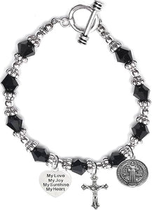 Saint Benedict Protective Charm, My Love, My Joy, My Sunshine, My Heart, and Prayer, Protect Me from Harm, from Evil, Hypoallergenic Black Crystal Bracelet, Nickel, Lead, Cadmium Free