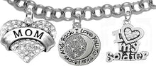 Army Mom, I Love You to The Moon and Back, Crystal I Love My Soldier, Adjustable Rolo Chain Bracelet, Hypoallergenic, Safe-Nickel, Lead, Cadmium Free