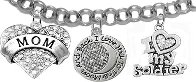 Army Mom, I Love You to The Moon and Back, Crystal I Love My Soldier, Adjustable Rolo Chain Bracelet, Hypoallergenic, Safe-Nickel, Lead, Cadmium Free