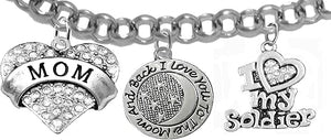 Army Mom, I Love You to The Moon and Back, Crystal I Love My Soldier, Adjustable Rolo Chain Bracelet, Hypoallergenic, Safe-Nickel, Lead, Cadmium Free