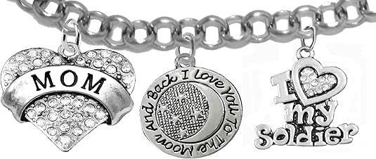 Army Mom, I Love You to The Moon and Back, Crystal I Love My Soldier, Adjustable Rolo Chain Bracelet, Hypoallergenic, Safe-Nickel, Lead, Cadmium Free