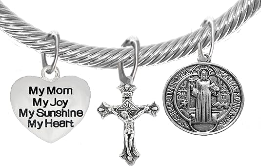 Saint Benedict Protective Charm, My Mom, My Joy, Crucifix, My Sunshine, My Heart, And Prayer, Protect Me From Harm, From Evil, From The Devil Adjustable Bracelet Nickle, Lead, Cadmium Free