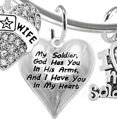 Army Wife, My Soldier, God Has You In His Arms And I Have You In My Heart, Keep My Husband Safe, Adjustable Bracelet, Hypoallergenic Safe, No Nickel, Lead,Or Poisonous Cadmium