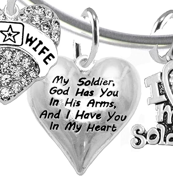 Army Wife, My Soldier, God Has You In His Arms And I Have You In My Heart, Keep My Husband Safe, Adjustable Bracelet, Hypoallergenic Safe, No Nickel, Lead,Or Poisonous Cadmium