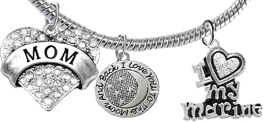 Marine, I Love You to The Moon and Back, Crystal I Love My Marine, Snake Chain Bracelet, Hypoallergenic, Safe-Nickel, Lead, Cadmium Free