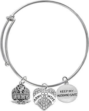Army, Army Wife Crystal Charm, Keep My Husband Safe Adjustable Miracle Wire Bracelet, Hypoallergenic, Safe-No Nickel, No Lead and No Poisonous Cadmium