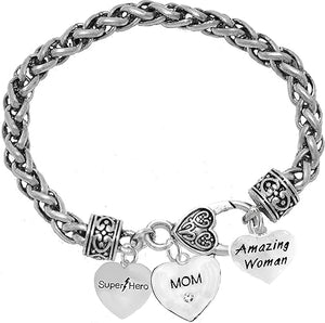 Mom, Super Hero,Crystal Mom Heart, Amazing Woman Bracelet Hypoallergenic Safe- No Nickel. Lead, Or Poisonous Cadmium.