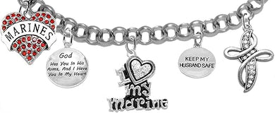 Marine, My Husband, God Has You in His Arms and I Have You in My Heart,Genuine Crystal Cross & Heart, Adjustable, Hypoallergenic Safe, No Nickel, Lead, Or Poisonous Cadmium in Bracelet