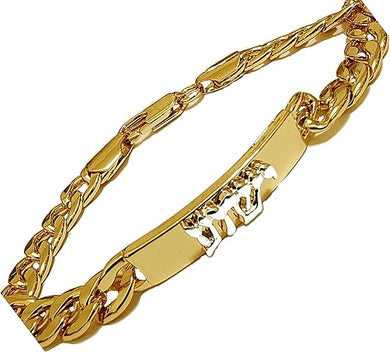 Messianic Christian Silver Tone Yeshua In Hebrew On A 14Kt Gold Tone ID Plate And 14Kt Gold Tone Miami Curb Chain Bracelet. The Detail Of This Large Safe Strong Lobster Claw Clasp Is Impressive ©2023