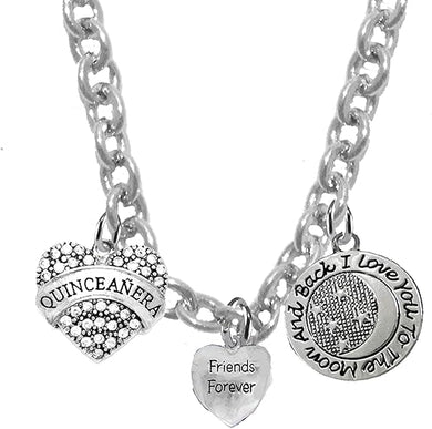 Quinceañera Crystal Heart, Friends Forever, I Love You To The Moon And Back,On A Adjustable Chain Necklace, Hypoallergenic, Safe-No Nickel, No Lead And No Poisonous Cadmium In Metal