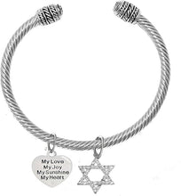 Jewish, My Love, My Joy, My Sunshine, My Heart, On A Heart, and A Crystal Star of David, Silvertone Bracelet with Crystal Ends, Hypoallergenic, Safe-Nickel, Lead, and Cadmium Free