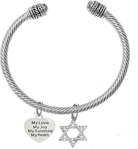 Jewish, My Love, My Joy, My Sunshine, My Heart, On A Heart, and A Crystal Star of David, Silvertone Bracelet with Crystal Ends, Hypoallergenic, Safe-Nickel, Lead, and Cadmium Free