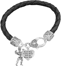 Weightlifters Front Double Bicep Pose, "Never Stop Trying , Never Give Up, Never Quit" ,Heart, On A Black Woven Leather Bracelet, Hypoallergenic - Nickel, Lead, And Poisonous Cadmium Free