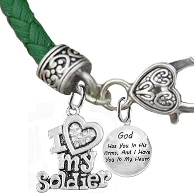 Army, I Love My Soldier, and God Has You in His Arms, and I Have You in My Heart, On A Genuine Leather Bracelet, Hypoallergenic Safe, No Nickel, Lead, Or Poisonous Cadmium in Bracelet