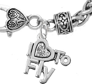 I Love to Fly, Hypoallergenic Genuine Crystal, Wheat Chain Charm Bracelet, Nickel, Lead, and Cadmium Free
