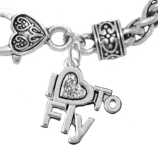 I Love to Fly, Hypoallergenic Genuine Crystal, Wheat Chain Charm Bracelet, Nickel, Lead, and Cadmium Free