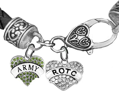 ROTC, Army Crystal Heart, Genuine Army Black Leather Bracelet, Hypoallergenic Safe-Nickel, Lead And Cadmium Free