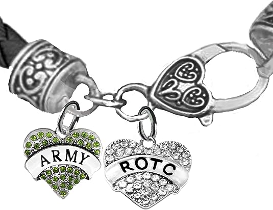 ROTC, Army Crystal Heart, Genuine Army Black Leather Bracelet, Hypoallergenic Safe-Nickel, Lead And Cadmium Free