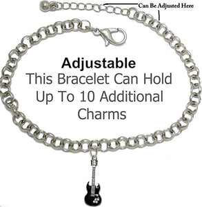 Black Guitar On Rollo Chain Adjustable Bracelet, Hypoallergenic Safe-Nickel, Lead And Cadmium Free